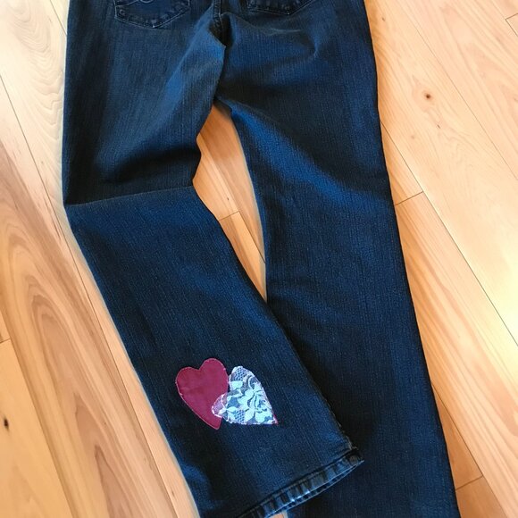 Upcycled Patchwork Jeans, Size 12:  Handmade Burgundy/Lace Patches, Black Denim - Picture 7 of 13